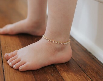 White Beaded Anklet 14k Gold Chain Ankle Bracelet Baby Toddler Little Girl Women