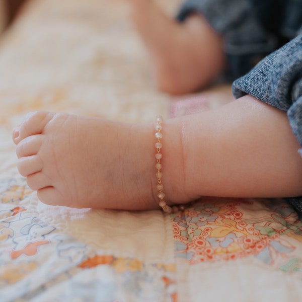 Dainty Blush Beaded Anklet | 14k Gold Filled Chain Ankle Bracelet | Baby | Toddler | Little Girl | Women