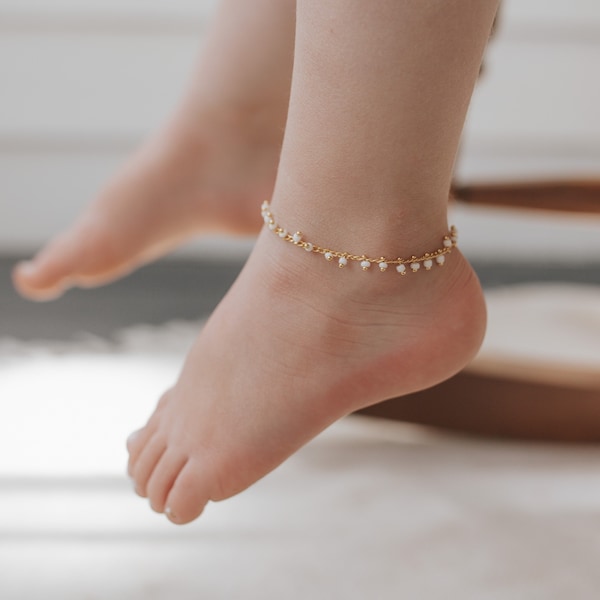 White Beaded Anklet | 14k Gold Chain Ankle Bracelet | Baby | Toddler | Little Girl | Women