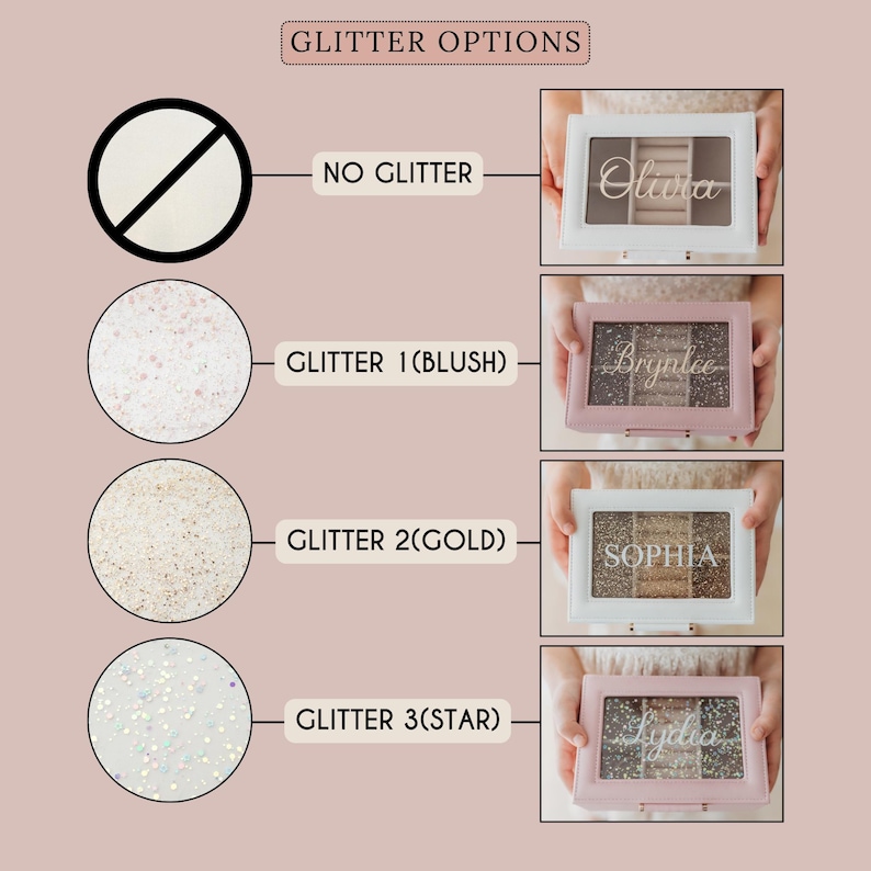 K&ouml;nnte beinhalten: Vier Schmuckk&auml;stchen mit verschiedenen Glitzeroptionen: kein Glitzer, Blush-Glitzer, Gold-Glitzer und Stern-Glitzer. Jede Box hat einen durchsichtigen Deckel und eine wei&szlig;e oder rosafarbene Basis. Die Boxen sind mit der Glitzeroption und dem Namen "Olivia", "Brynlee", "Sophia" und "Lydia" beschriftet.