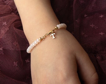 Sparkly Cream Baby Girl Bracelet, Personalized Bracelets, Toddler Girl Stacking Bracelets, Custom Baby Gift, Letter Charm