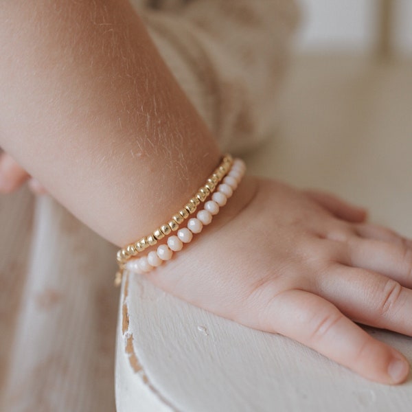 Gold and Light Peach Double Strand Bracelet, Baby Girl Bracelet, Toddler Jewelry, Personalized Custom Bracelets, Kids Stocking Stuffer