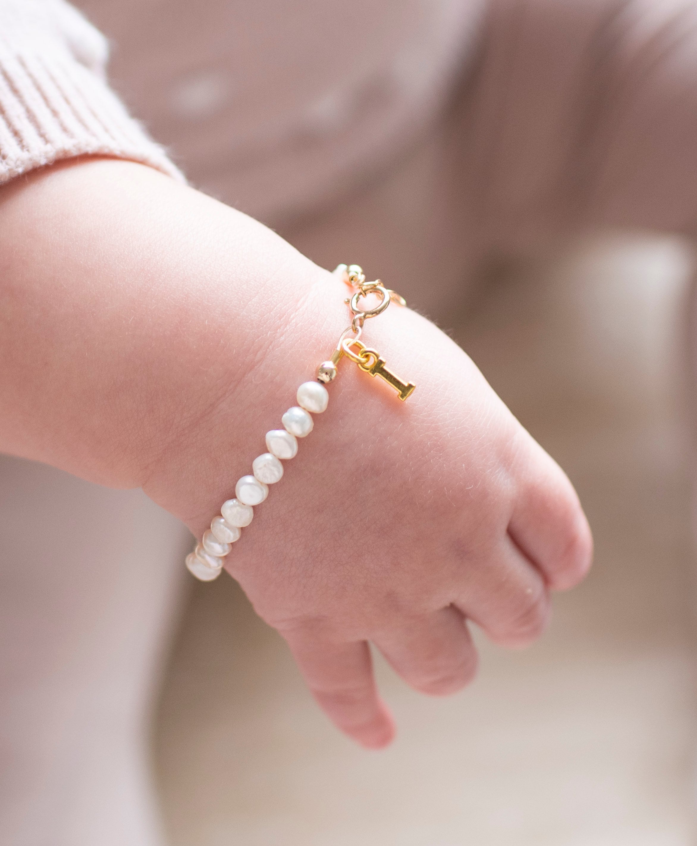 Pink White Kids Bracelet 18K Gold Rocking Horse Motif | Girls, Newborn Bead Bracelet | Adjustable Sliding String, Pull-Tie Closure