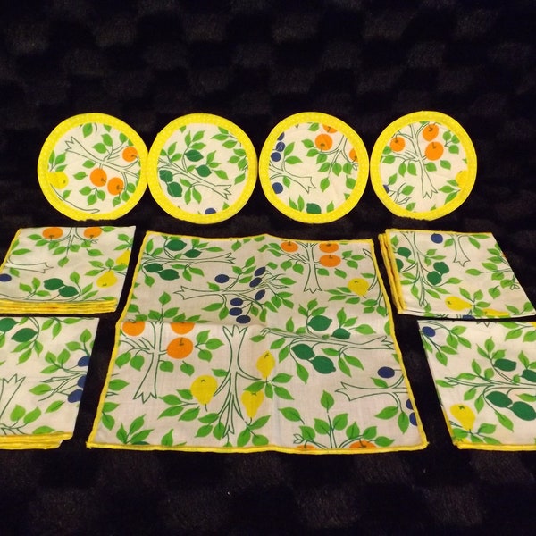 Vintage Set of Handmade Coasters (4) and Napkins (5) Yellow White Green Orange Blue Fruit