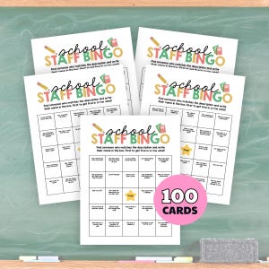 May include: A set of School Staff Bingo game cards featuring a grid with various prompts, a yellow star free space, and a pencil graphic. The title reads School Staff Bingo. A pink circular overlay displays the text 100 CARDS in black font.