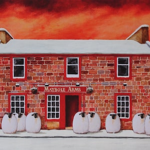 May include: A red brick building with a snow-covered roof and a sign that reads "Maybole Arms". There are eight white sheep standing in front of the building in the snow.