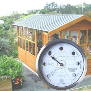 May include: A white gardening by the moon clock with a silver frame. The clock face is divided into eight sections, each representing a phase of the moon. The clock face also includes text describing the best times for gardening activities during each moon phase.