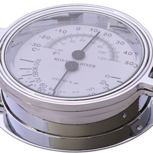 May include: A chrome-plated round thermometer and hygrometer with a white face. The thermometer has a Fahrenheit and Celsius scale. The hygrometer has a scale from 0 to 100. The face of the instrument reads "ROYAL MARINER" and "HYGRO % rel."