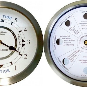 May include: Two round clocks with silver-colored metal frames. One clock displays tide information, labeled "High Tide" and "Low Tide." The other clock shows a gardening calendar with moon phases and planting advice.