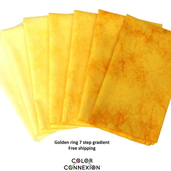 Imperfect. Hand dyed golden yellow quilt fabric bundle, 7 step gradient fat eighth bundle