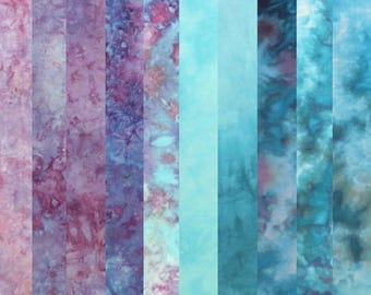 Aqua and lilac stash builder fabric bundle of hand dyed quilt cotton, 10 fat eighths, 9x20 inches