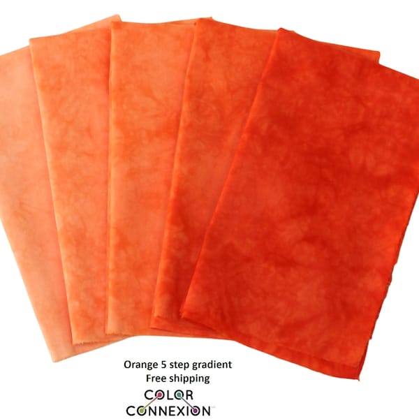 Orange hand dyed 5 step fabric bundle, available as fat quarters or half yards, medium to dark values