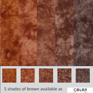 May include: Five vertical fabric swatches displaying a gradient of brown tie-dye patterns ranging from light tan to dark espresso. Below, five square samples correspond to these shades. Text reads: 5 shades of brown available as a gradient bundle or individually COLOR CONNEXION.
