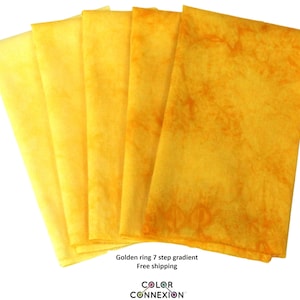 Golden yellow quilt fabric bundle, hand dyed 5 step gradient, available as fat quarters or half yards, medium to dark gradient