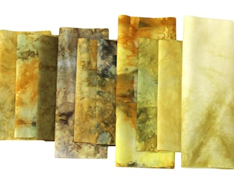 Small scrap bundle for applique or crafting, 10 pieces of hand dyed cotton fabric in shades of earth tone yellow