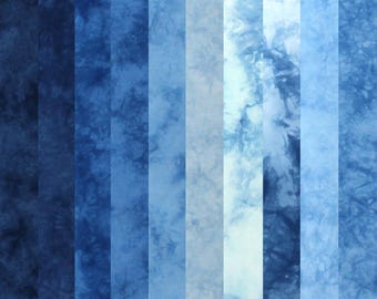 Blue stash builder fabric bundle of hand dyed quilt cotton, 10 fat eighths, 9x20 inches
