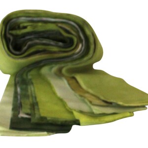Scrap bundle of quilting cotton strips in shades of olive green, 6 oz bundle 2.5 inches wide, length varies, ready to ship