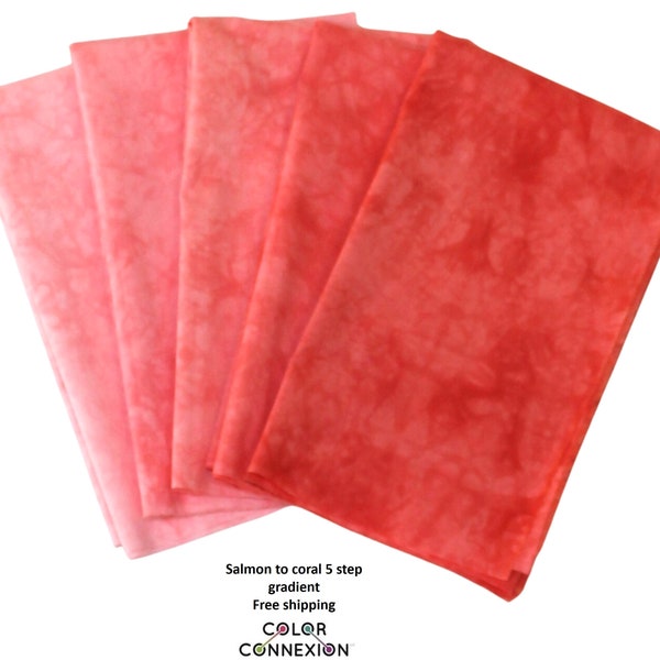 Salmon pink to coral gradient of  hand dyed  quilt cotton, 5 step bundle, available as fat quarters or half yards, light to medium values