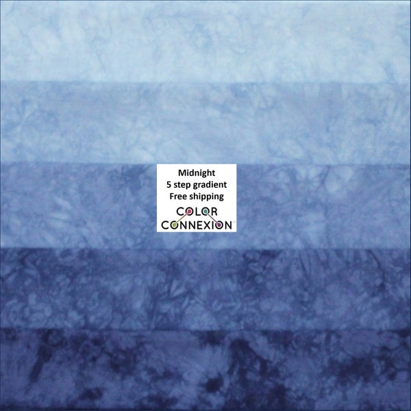 5 step hand dyed quilt cotton bundle available as fat quarters and half yards, blue leans purple, medium values