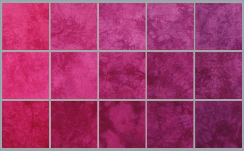 15 piece gradient 5 colors in 3 shades each Pink and purple hand dyed fabric bundle