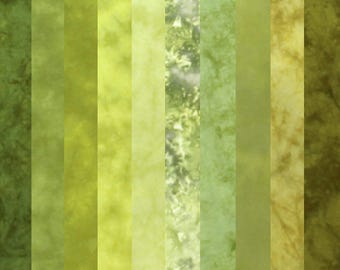 Shades of olive green stash builder fabric bundle of hand dyed quilt cotton, 10 fat eighths 9x20 inches, ready to ship