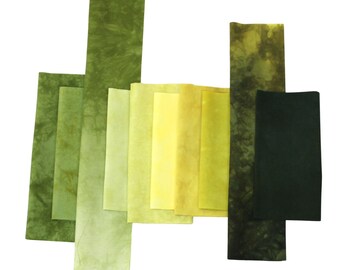 Shades of olive green, small scrap bundle for applique or crafting, 10 pieces of hand dyed cotton fabric, ready to ship