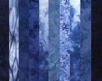 Blue stash builder fabric bundle of hand dyed quilt cotton, 10 fat eighths, 9x20 inches