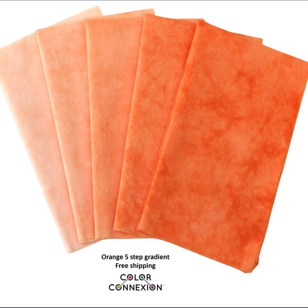 Orange hand dyed 5 step quilting fabric bundle, available as fat quarters or half yards, light to medium values