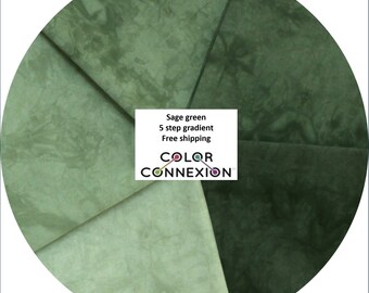 Sage green fat quarter bundle, 5 step hand dyed quilting cotton gradient also available as half yards