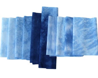 Shades of blue small scrap bundle for applique or crafting, 10 pieces of hand dyed cotton fabric