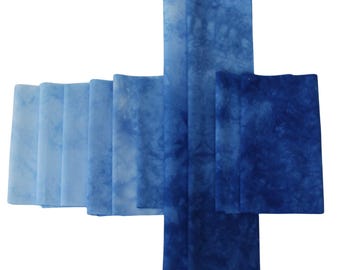 Shades of blue small scrap bundle for applique or crafting, 10 pieces of hand dyed cotton fabric