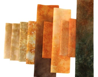 Shades of butterscotch and brown, small scrap bundle for applique or crafting, 10 pieces of hand dyed cotton fabric