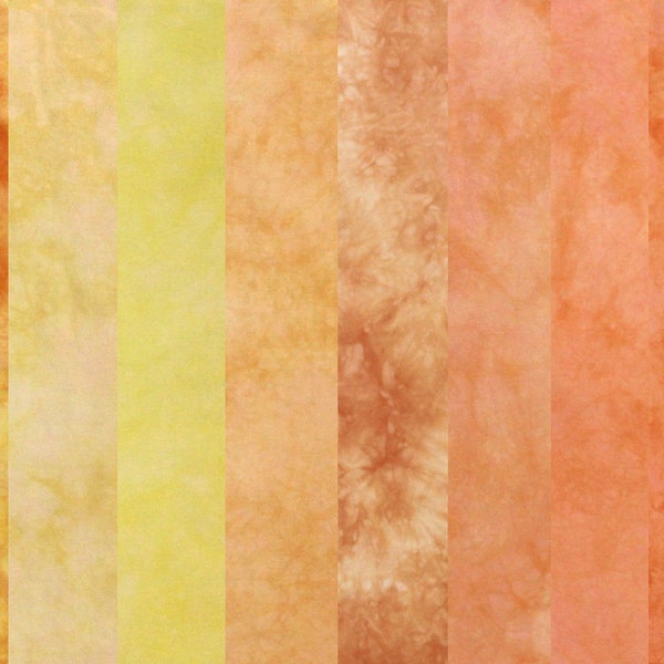 Stash builder fabric bundle of hand dyed quilt cotton, 10 fat eights in shades of yellow and orange, ready to ship