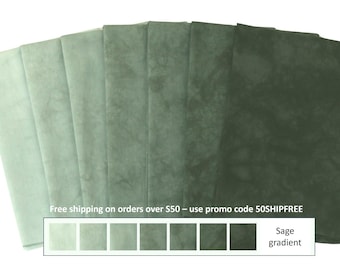 Sage green bundle of hand dyed quilting cotton, 7 step gradient, available as fat quarters, fat eighths or half yard packs