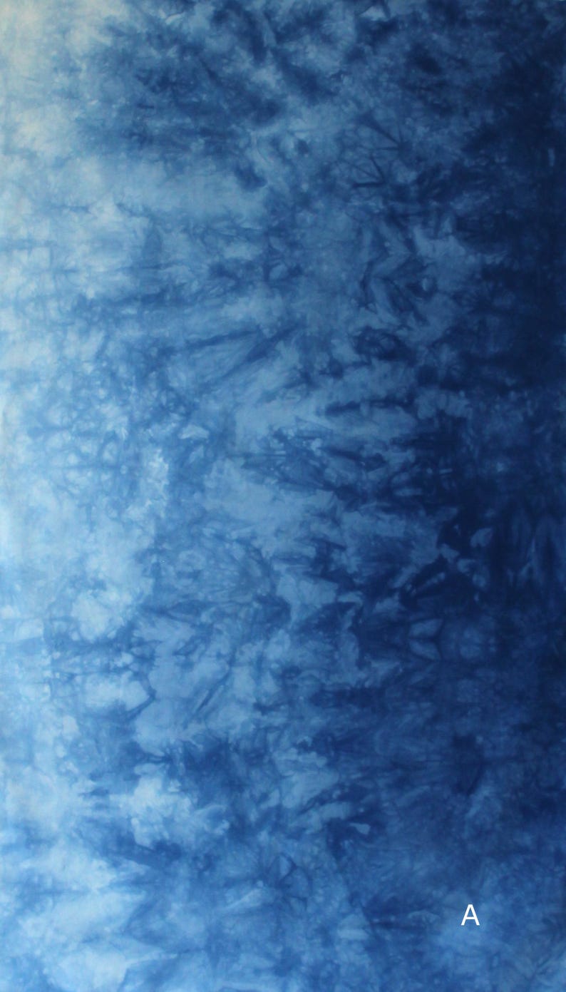 May include: A fabric featuring a tie-dye pattern with a gradient effect that transitions from a light sky blue on the left to a deep navy blue on the right. The surface displays intricate, organic, and branching dark blue shapes. The letter A is visible.