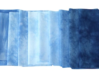 Shades of blue small scrap bundle for applique or crafting, 10 pieces of hand dyed cotton fabric
