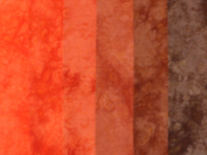 Orange to brown fat quarter bundle of hand dyed quilt cotton in a 6 step gradient
