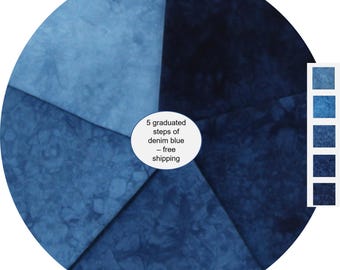 Denim blue gradient bundle of quilting cotton, hand dyed pack of fat quarters or half yards