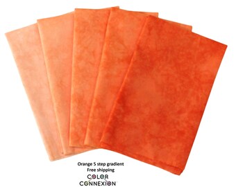 Orange hand dyed 5 step fabric bundle, available as fat quarters or half yards, light to medium values