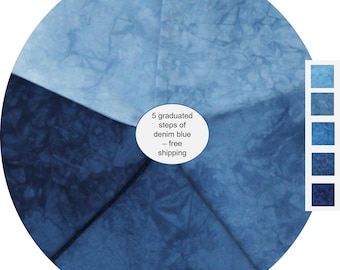 Hand dyed blue cotton quilt fabric bundle, fat quarters or half yards, 5 step gradient in denim shades from chambray through denim