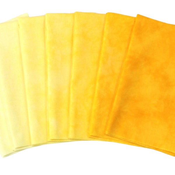 Hand dyed sunny yellow quilt fabric bundle, 7 step gradient, available as fat quarters, fat eighths or half yard packs