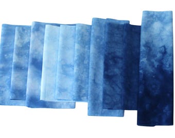 Shades of blue small scrap bundle for applique or crafting, 10 pieces of hand dyed cotton fabric