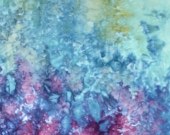 Cotton fabric for quilting or crafting, ice dyed in shades of purple, blue and green, generous fat quarter 19x27 inches