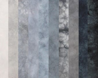 Shades of gray stash builder fabric bundle of hand dyed quilt cotton, 10 fat eighths 9x19 inches
