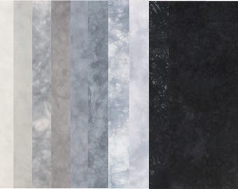 Shades of gray stash builder fabric bundle of hand dyed quilt cotton, 10 fat eighths 9x19 inches