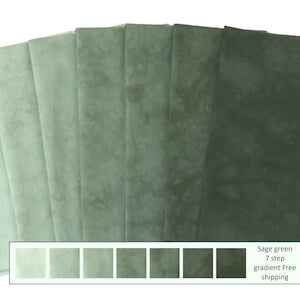 Sage green bundle of hand dyed quilting cotton, 7 step gradient, available as fat quarters, fat eighths or half yard packs