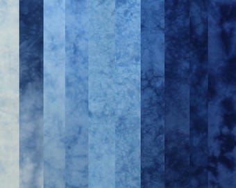 Blue stash builder fabric bundle of hand dyed quilt cotton, 10 fat eighths, 9x20 inches