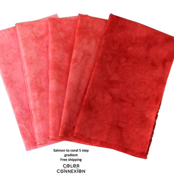 Salmon pink to coral gradient of  hand dyed  quilt cotton, 5 step bundle, available as fat quarters or half yards, medium to dark values