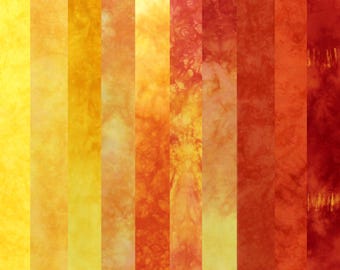 Vibrant red, orange, yellow stash builder fabric bundle, hand dyed quilting cotton, 10 fat eighths 9x20 inches