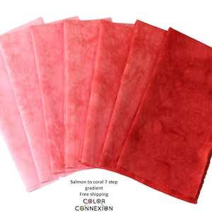 Hand dyed quilt fabric bundle, 7 step gradation moves from salmon pink through coral red,available in fq, fat eighths or half yards